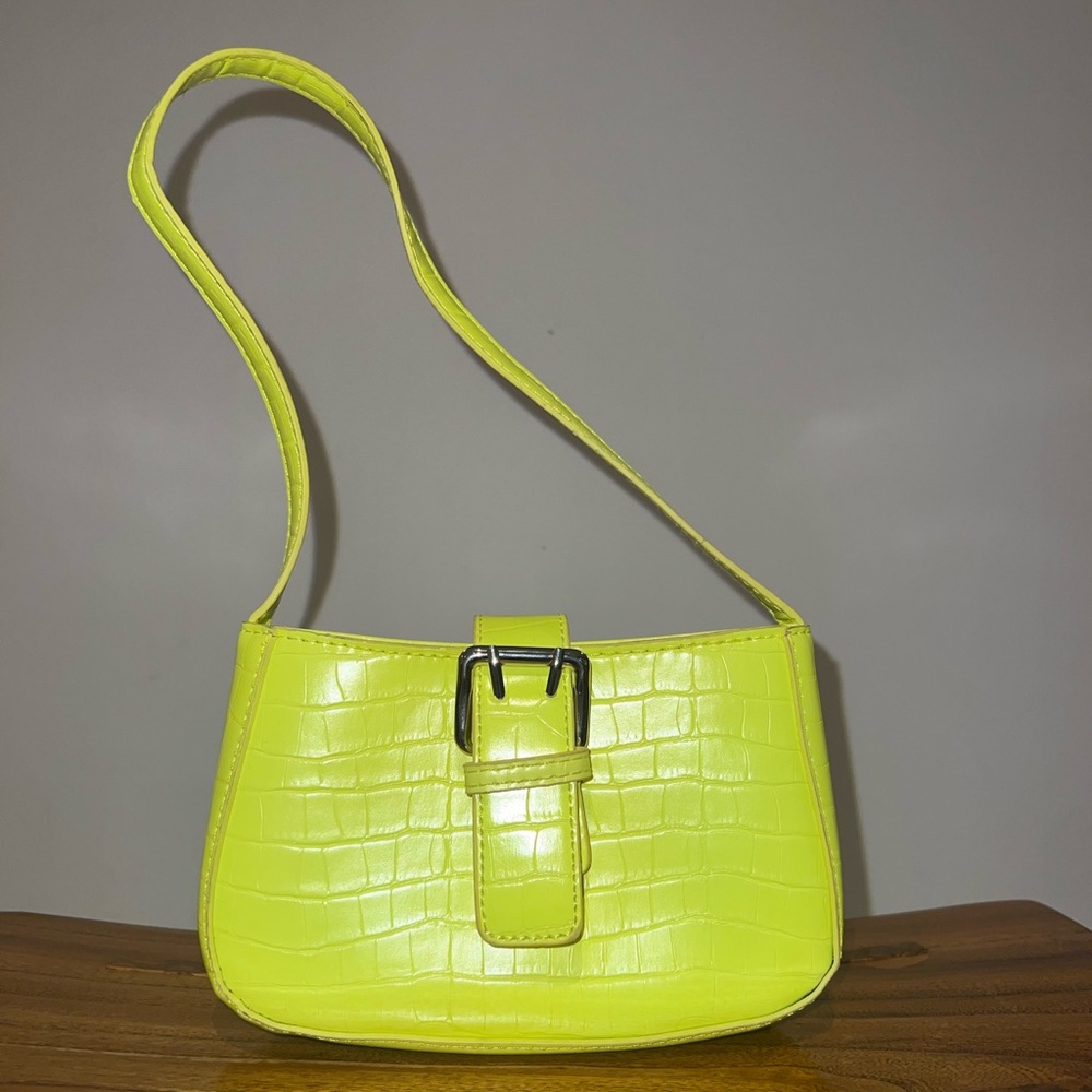 PLT Lime Croc Buckle Front Shoulder Bag